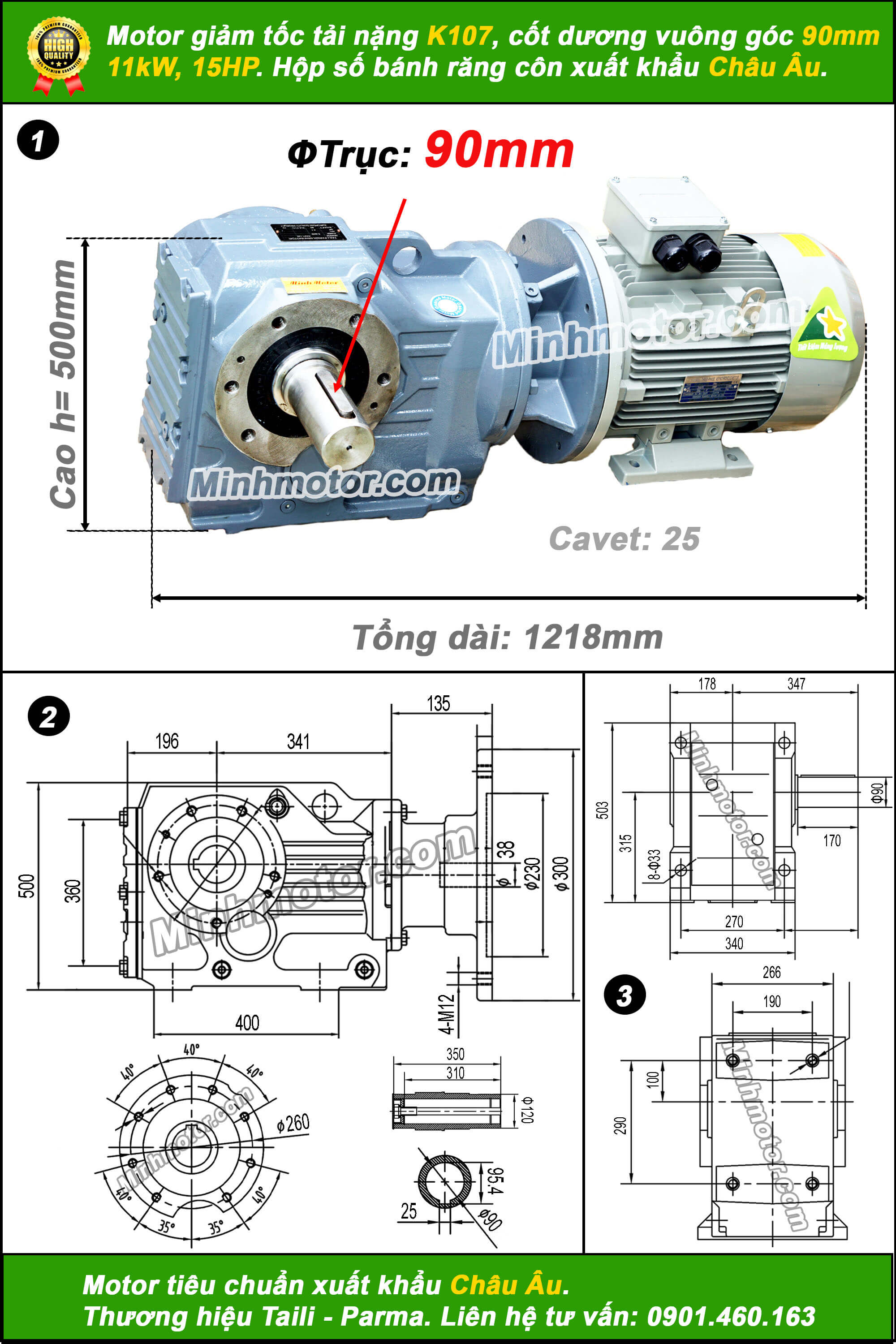 Motor giảm tốc tải nặng 11kW 15Hp K107
