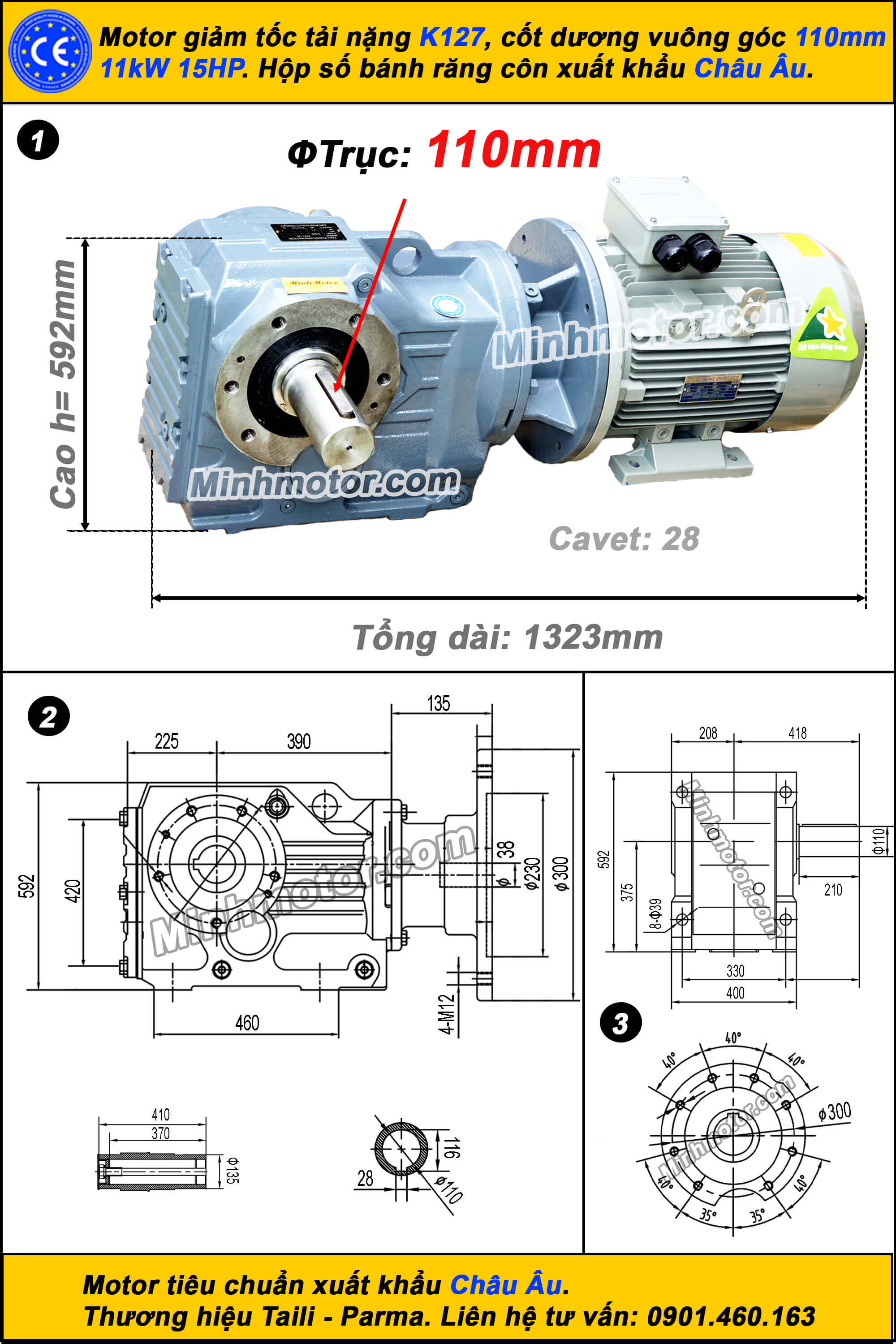 Motor giảm tốc tải nặng 11kW 15Hp K127