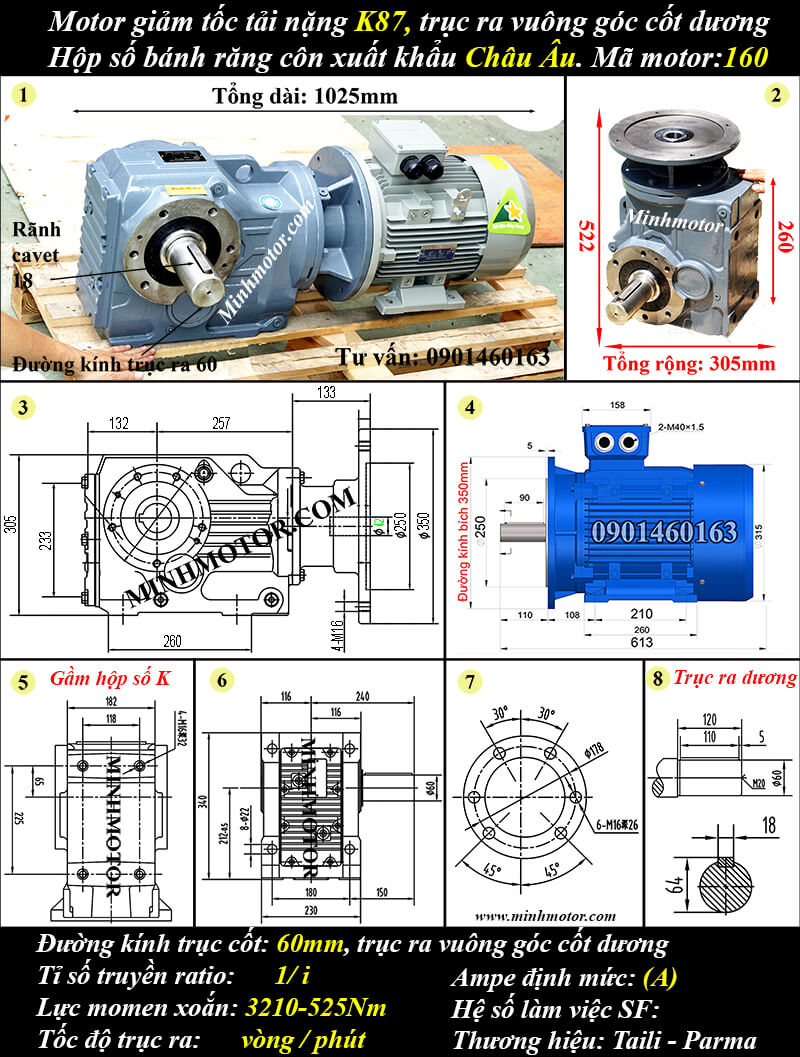 Motor giảm tốc tải nặng 11kW 15Hp K87