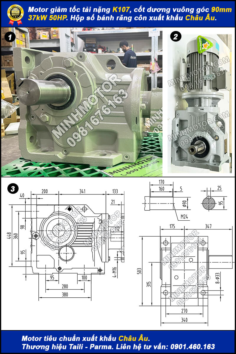Motor giảm tốc tải nặng 37kW 50Hp K107 cốt dương 90mm