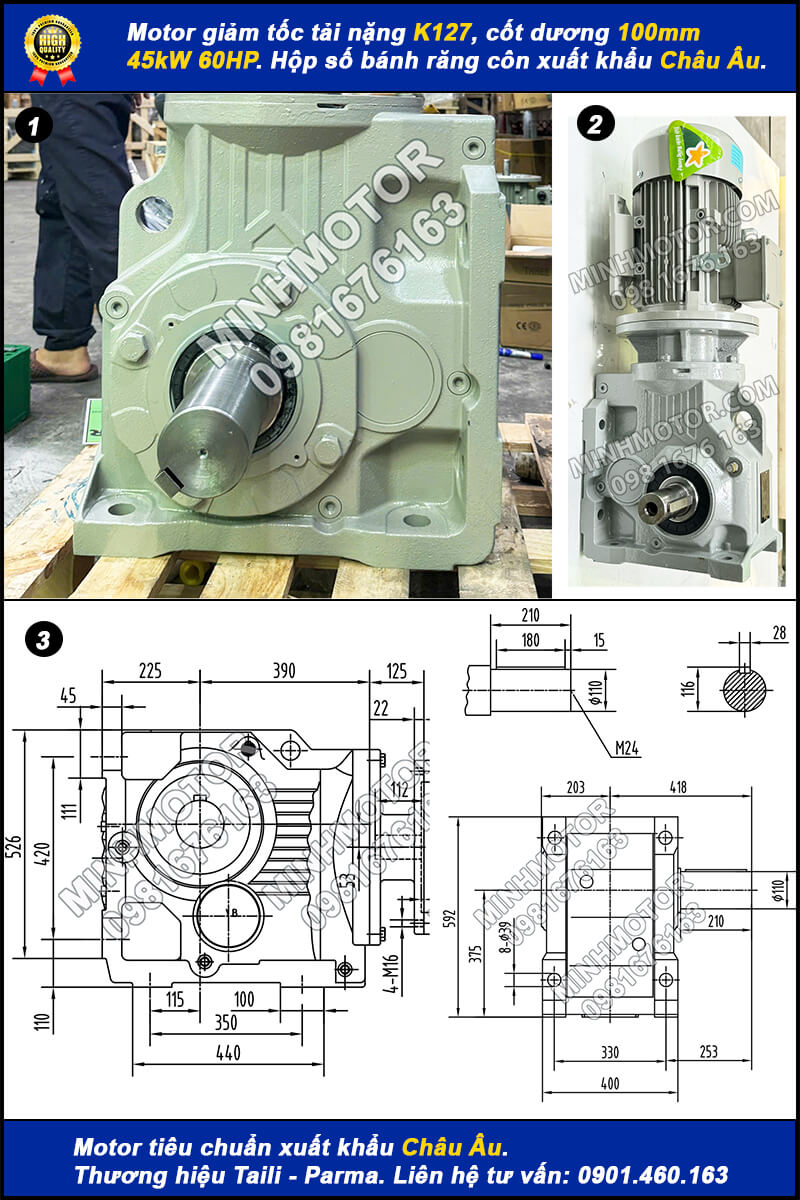 Motor giảm tốc tải nặng 45kW 60Hp K127 trục dương 100mm
