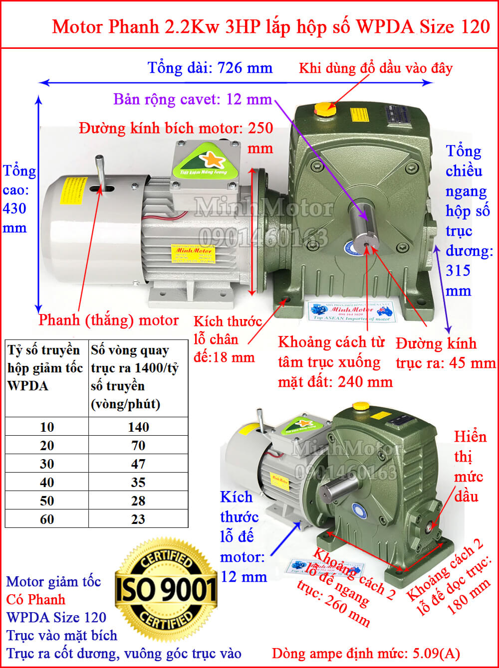 Motor phanh 2.2Kw 3Hp gắn hộp giảm tốc Trục vít WPDA size 120