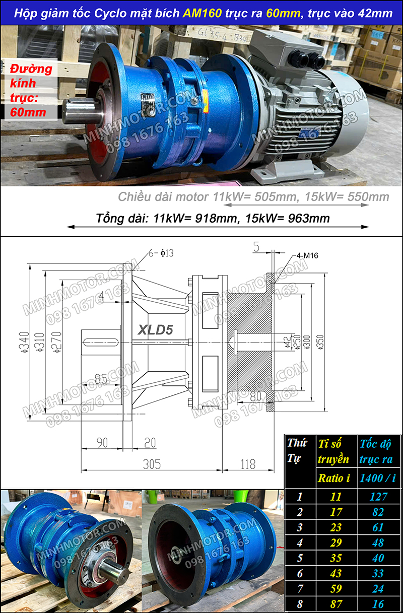 Motor giảm tốc XLD5 mặt bích 11kw 15HP